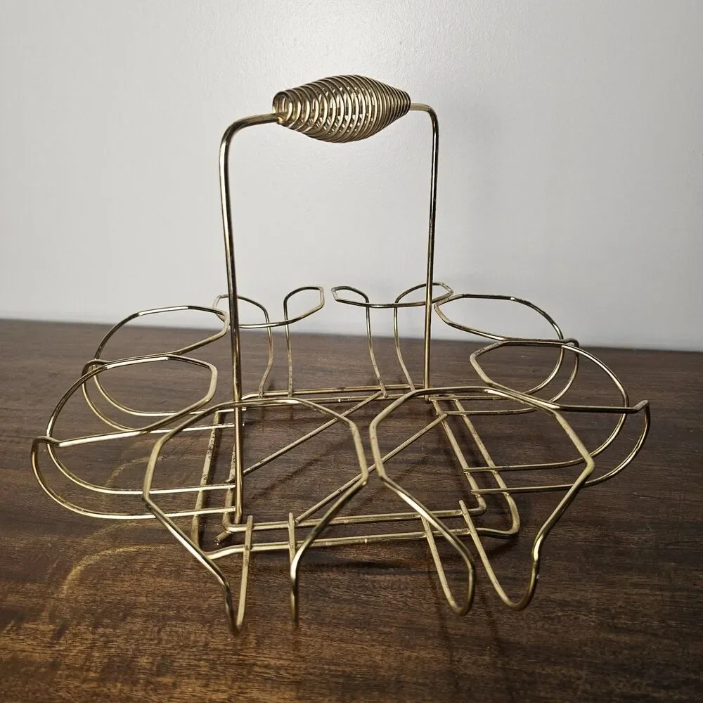 Vintage Mid-Century Modern Gold Metal Barware Caddy 8 Cocktail Glass Carrier